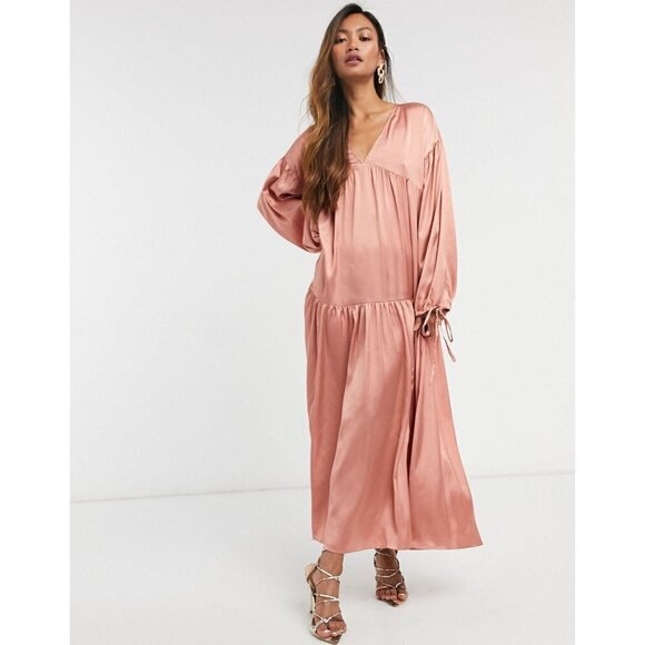 ASOS Design Dusky Rose Satin Tiered Trapeze Mini Smock Dress 2 - Picture 1 of 10